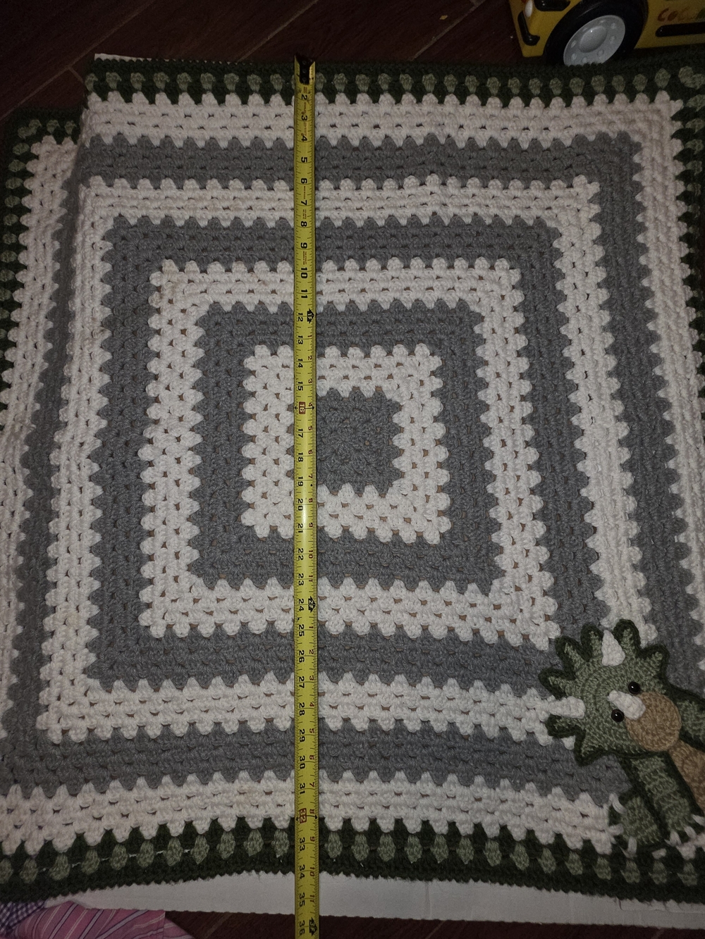 Handmade Gray, White & Green Crochet Baby Blanket with Dino Applique